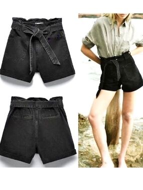 Zara Black Denim Belted High Waisted Jean Shorts Tie Front
